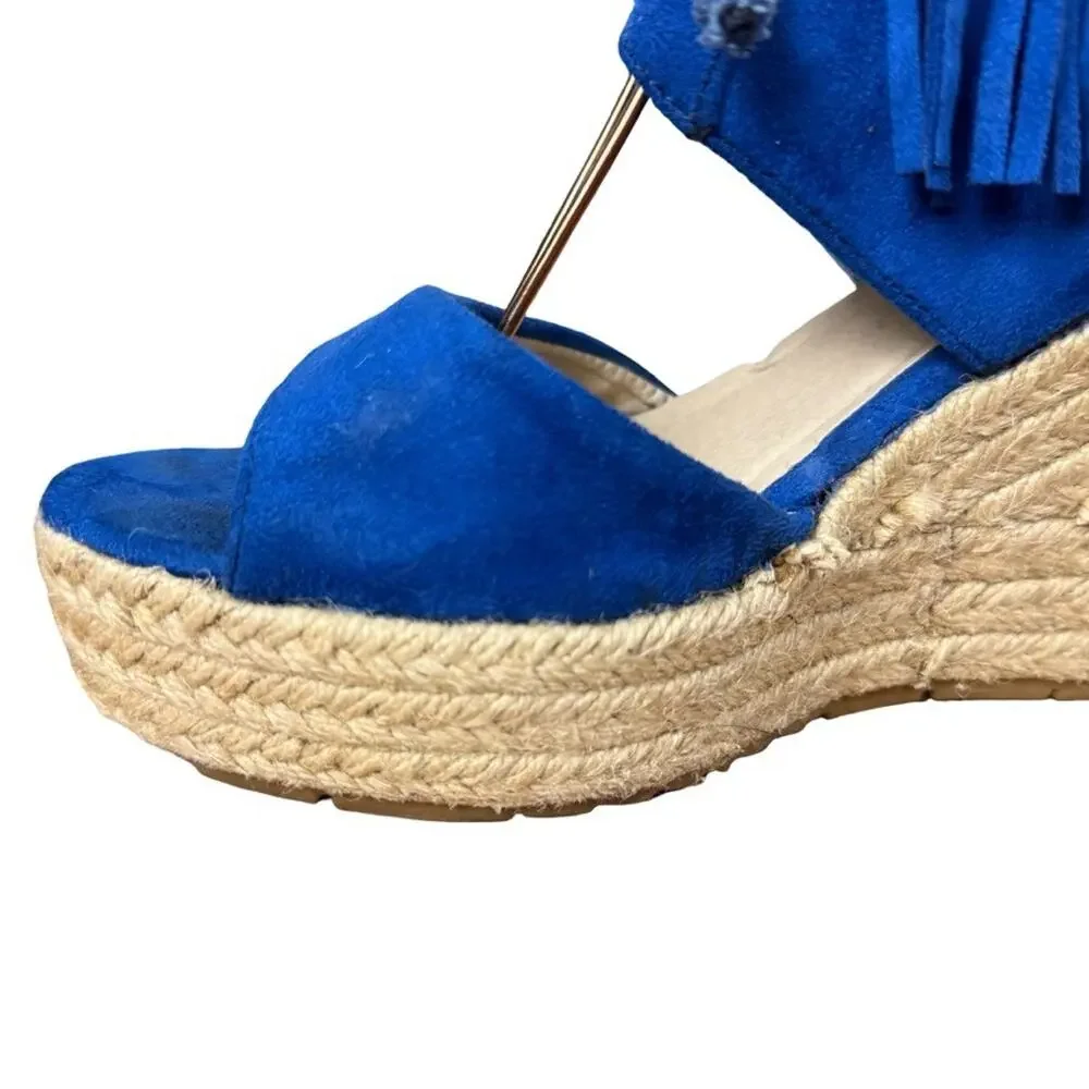 Miim Opava Blue Suede Leather Wedge Espadrille Fringe Sandals Shoes Platform 8